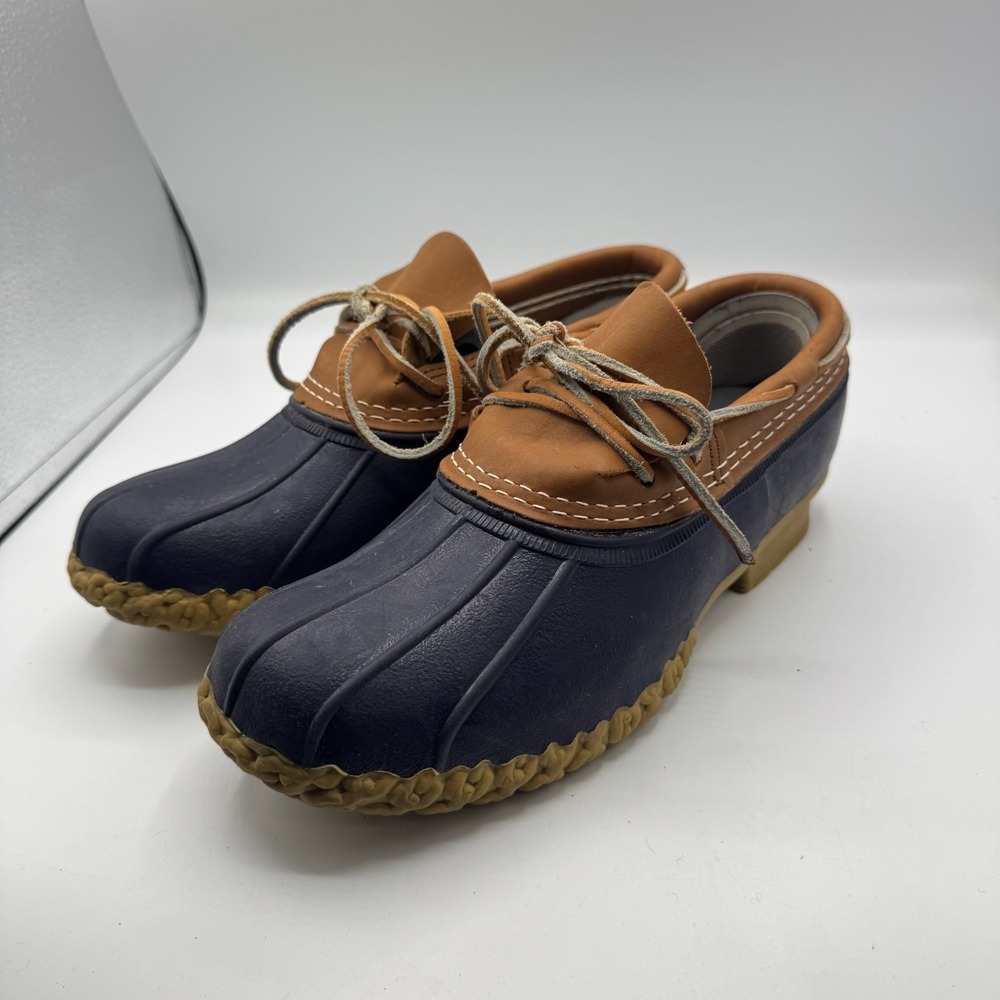 L.L. Bean Boots Duck Mocs Men 8M Navy Brown Rubber Leather  Made In USA 175067